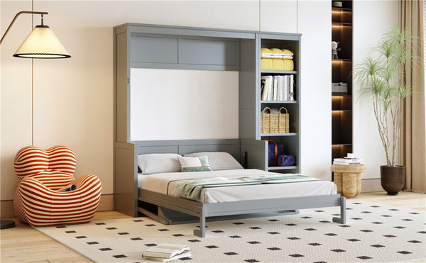 English Elm Full Size Murphy Wall Bed with Fold Down Desk and Open Shelving for Home Office Gray N7090004015E-1