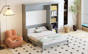 English Elm Full Size Murphy Wall Bed with Fold Down Desk and Open Shelving for Home Office Gray N7090004015E-1
