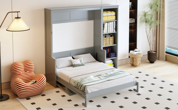 English Elm Full Size Murphy Wall Bed with Fold Down Desk and Open Shelving for Home Office Gray N7090004015E-1