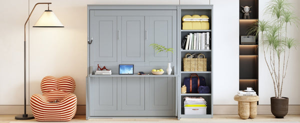 English Elm Full Size Murphy Wall Bed with Fold Down Desk and Open Shelving for Home Office Gray N7090004015E-1