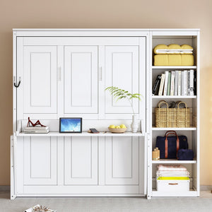 English Elm Full Size Murphy Wall Bed with Fold Down Desk and Open Shelving for Home Office White N7090004015K-1