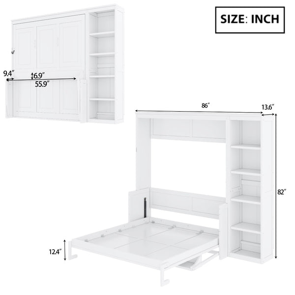 English Elm Full Size Murphy Wall Bed with Fold Down Desk and Open Shelving for Home Office White N7090004015K-1