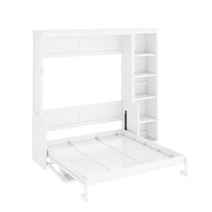 English Elm Full Size Murphy Wall Bed with Fold Down Desk and Open Shelving for Home Office White N7090004015K-1