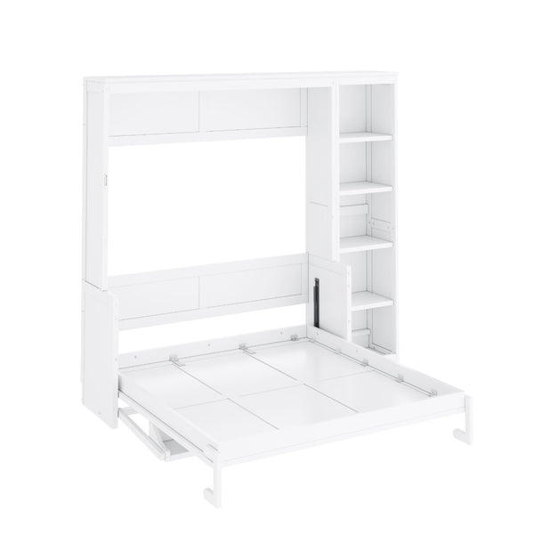 English Elm Full Size Murphy Wall Bed with Fold Down Desk and Open Shelving for Home Office White N7090004015K-1