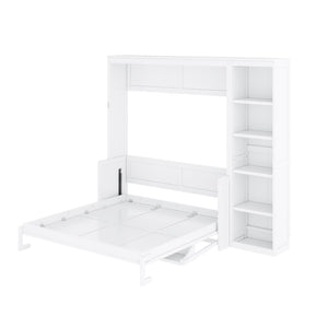 English Elm Full Size Murphy Wall Bed with Fold Down Desk and Open Shelving for Home Office White N7090004015K-1