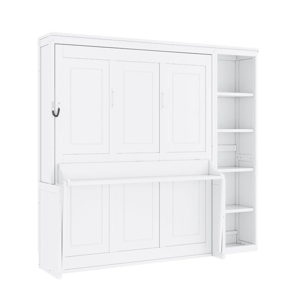 English Elm Full Size Murphy Wall Bed with Fold Down Desk and Open Shelving for Home Office White N7090004015K-1