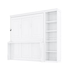 English Elm Full Size Murphy Wall Bed with Fold Down Desk and Open Shelving for Home Office White N7090004015K-1