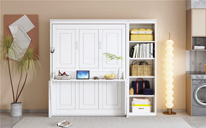 English Elm Full Size Murphy Wall Bed with Fold Down Desk and Open Shelving for Home Office White N7090004015K-1