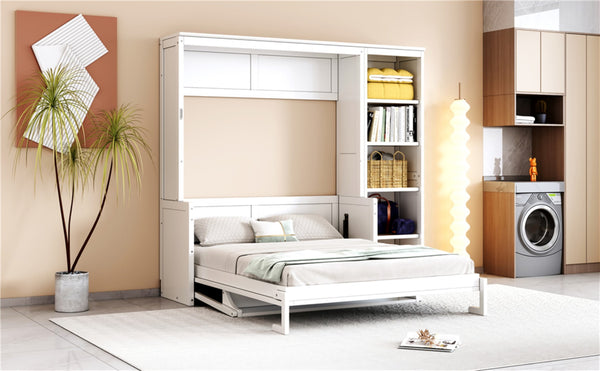 English Elm Full Size Murphy Wall Bed with Fold Down Desk and Open Shelving for Home Office White N7090004015K-1