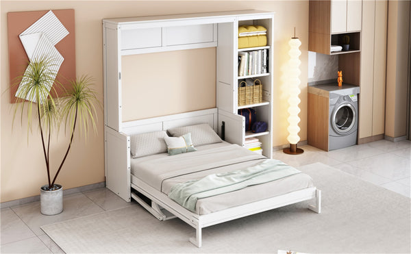 English Elm Full Size Murphy Wall Bed with Fold Down Desk and Open Shelving for Home Office White N7090004015K-1