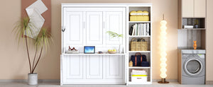 English Elm Full Size Murphy Wall Bed with Fold Down Desk and Open Shelving for Home Office White N7090004015K-1