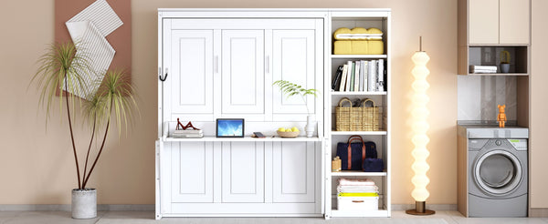 English Elm Full Size Murphy Wall Bed with Fold Down Desk and Open Shelving for Home Office White N7090004015K-1