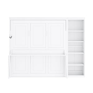 English Elm Queen Murphy Wall Bed with Fold Down Desk and Open Shelving for Home Office White N7090004016K-1