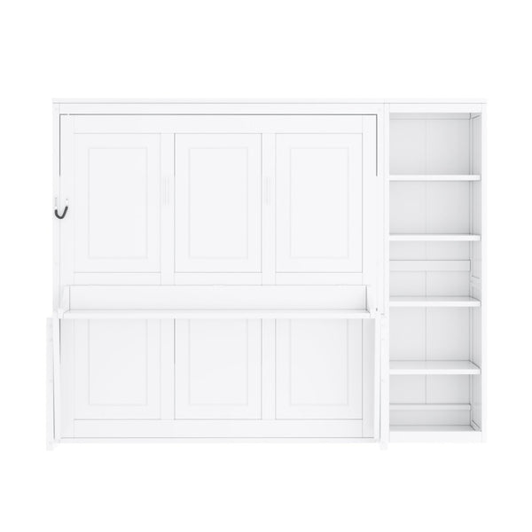 English Elm Queen Murphy Wall Bed with Fold Down Desk and Open Shelving for Home Office White N7090004016K-1