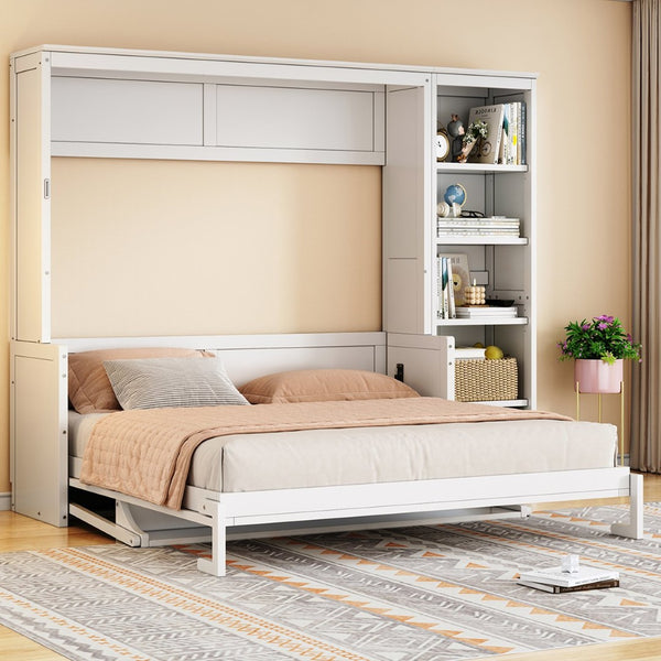 English Elm Queen Murphy Wall Bed with Fold Down Desk and Open Shelving for Home Office White N7090004016K-1