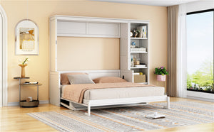 English Elm Queen Murphy Wall Bed with Fold Down Desk and Open Shelving for Home Office White N7090004016K-1
