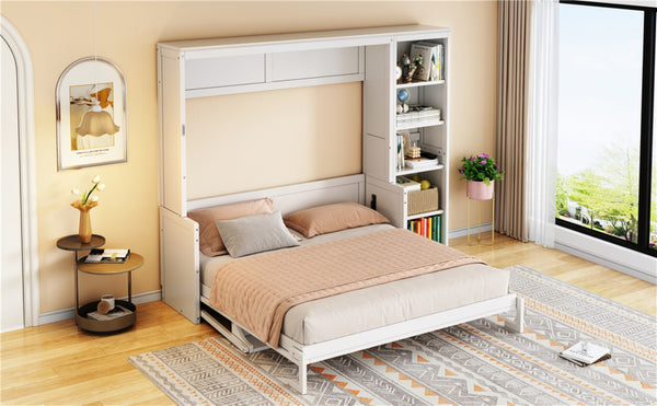 English Elm Queen Murphy Wall Bed with Fold Down Desk and Open Shelving for Home Office White N7090004016K-1