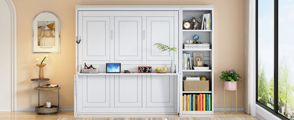 English Elm Queen Murphy Wall Bed with Fold Down Desk and Open Shelving for Home Office White N7090004016K-1