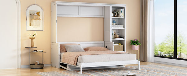 English Elm Queen Murphy Wall Bed with Fold Down Desk and Open Shelving for Home Office White N7090004016K-1