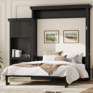 English Elm Queen Murphy Wall Bed with Louvered Pine Cabinet and Built-in Shelving for Studio Use N7090004018B