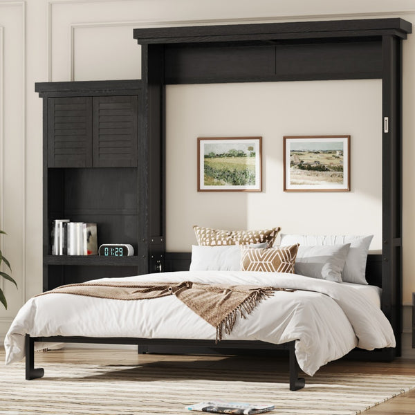 English Elm Queen Murphy Wall Bed with Louvered Pine Cabinet and Built-in Shelving for Studio Use N7090004018B