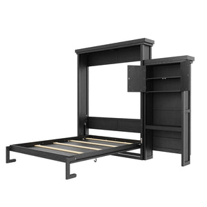 English Elm Queen Murphy Wall Bed with Louvered Pine Cabinet and Built-in Shelving for Studio Use N7090004018B