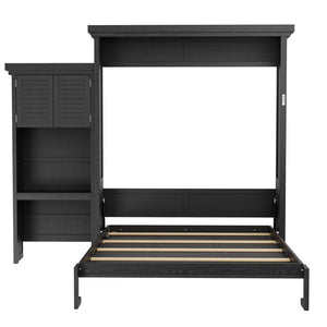 English Elm Queen Murphy Wall Bed with Louvered Pine Cabinet and Built-in Shelving for Studio Use N7090004018B