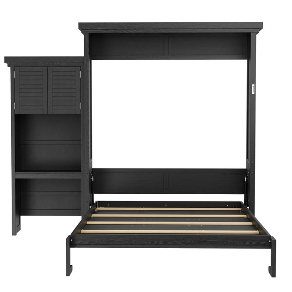 English Elm Queen Murphy Wall Bed with Louvered Pine Cabinet and Built-in Shelving for Studio Use N7090004018B