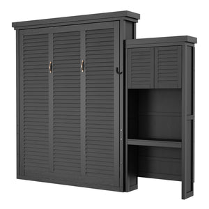 English Elm Queen Murphy Wall Bed with Louvered Pine Cabinet and Built-in Shelving for Studio Use N7090004018B