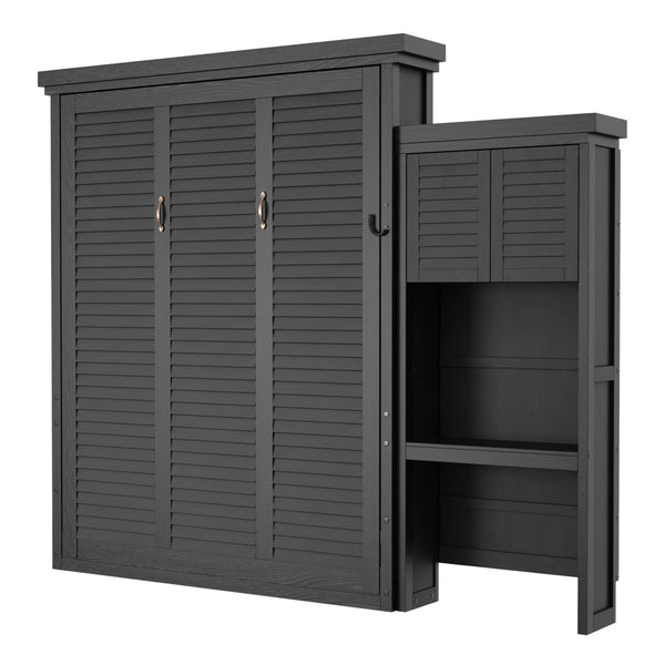 English Elm Queen Murphy Wall Bed with Louvered Pine Cabinet and Built-in Shelving for Studio Use N7090004018B