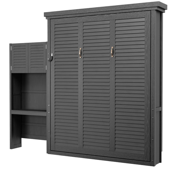 English Elm Queen Murphy Wall Bed with Louvered Pine Cabinet and Built-in Shelving for Studio Use N7090004018B