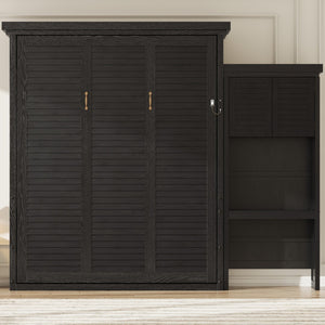 English Elm Queen Murphy Wall Bed with Louvered Pine Cabinet and Built-in Shelving for Studio Use N7090004018B