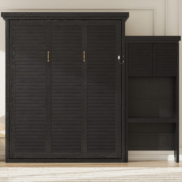 English Elm Queen Murphy Wall Bed with Louvered Pine Cabinet and Built-in Shelving for Studio Use N7090004018B