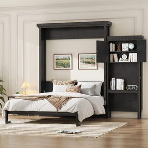 English Elm Queen Murphy Wall Bed with Louvered Pine Cabinet and Built-in Shelving for Studio Use N7090004018B