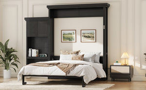 English Elm Queen Murphy Wall Bed with Louvered Pine Cabinet and Built-in Shelving for Studio Use N7090004018B