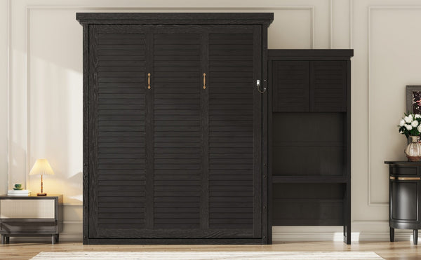 English Elm Queen Murphy Wall Bed with Louvered Pine Cabinet and Built-in Shelving for Studio Use N7090004018B