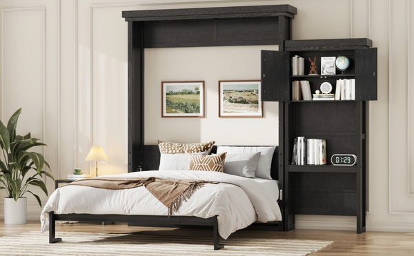 English Elm Queen Murphy Wall Bed with Louvered Pine Cabinet and Built-in Shelving for Studio Use N7090004018B