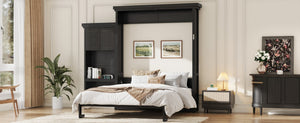 English Elm Queen Murphy Wall Bed with Louvered Pine Cabinet and Built-in Shelving for Studio Use N7090004018B