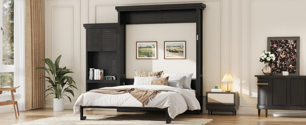 English Elm Queen Murphy Wall Bed with Louvered Pine Cabinet and Built-in Shelving for Studio Use N7090004018B