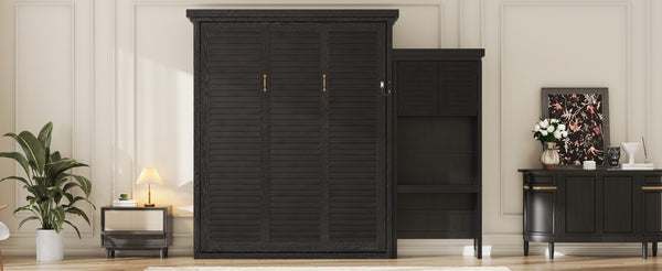 English Elm Queen Murphy Wall Bed with Louvered Pine Cabinet and Built-in Shelving for Studio Use N7090004018B