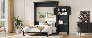 English Elm Queen Murphy Wall Bed with Louvered Pine Cabinet and Built-in Shelving for Studio Use N7090004018B