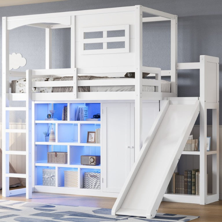 English Elm Wood Twin Loft Bed for Kids with Playhouse Frame Slide Wardrobe and LED Shelf N7090004026K