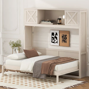 English Elm Queen Murphy Bed with Pine Frame and Upper Cabinets for Studio or Guest Room Beige N7090004029A
