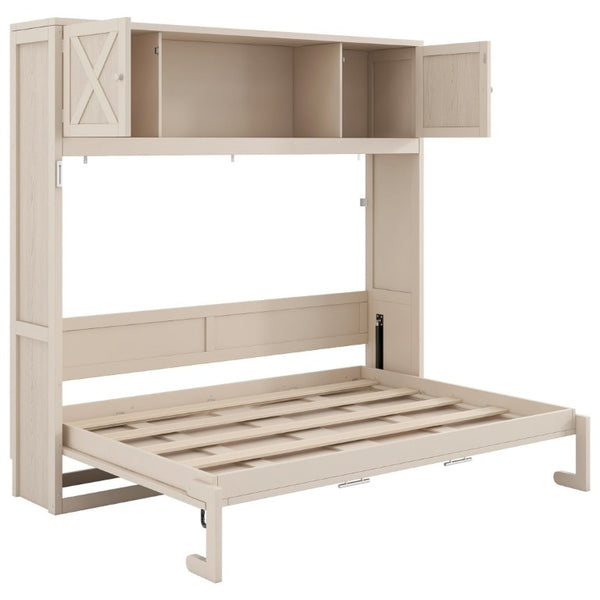 English Elm Queen Murphy Bed with Pine Frame and Upper Cabinets for Studio or Guest Room Beige N7090004029A