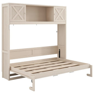 English Elm Queen Murphy Bed with Pine Frame and Upper Cabinets for Studio or Guest Room Beige N7090004029A