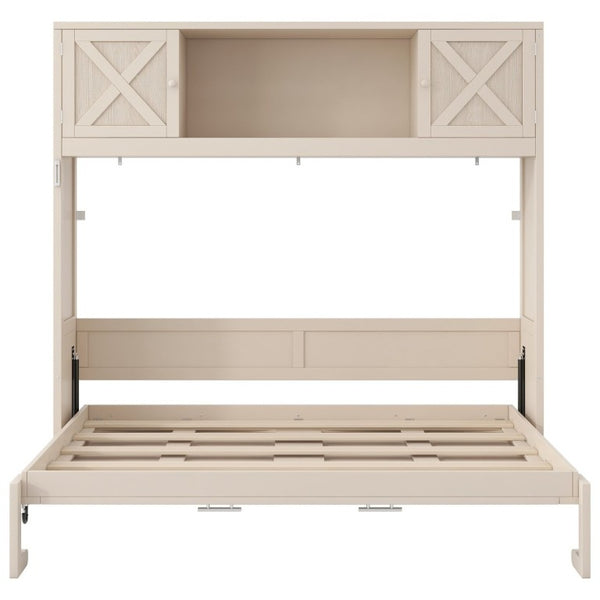 English Elm Queen Murphy Bed with Pine Frame and Upper Cabinets for Studio or Guest Room Beige N7090004029A