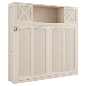 English Elm Queen Murphy Bed with Pine Frame and Upper Cabinets for Studio or Guest Room Beige N7090004029A
