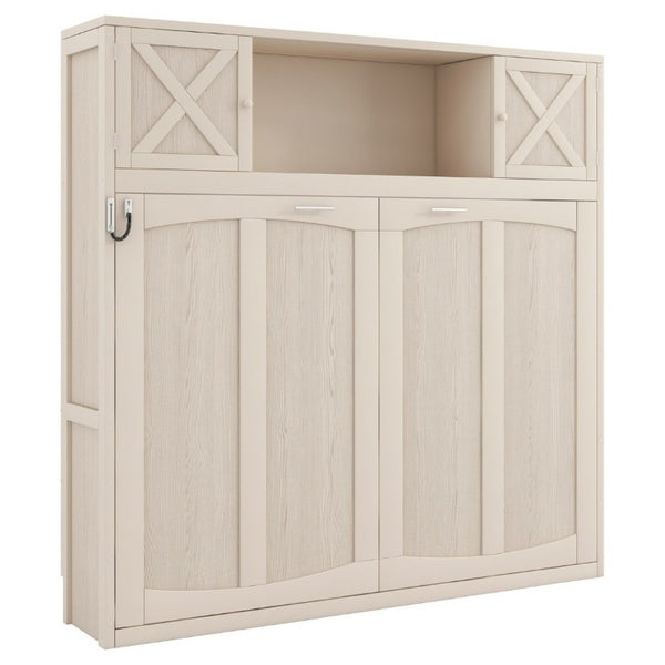 English Elm Queen Murphy Bed with Pine Frame and Upper Cabinets for Studio or Guest Room Beige N7090004029A