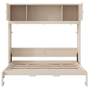 English Elm Queen Murphy Bed with Pine Frame and Upper Cabinets for Studio or Guest Room Beige N7090004029A