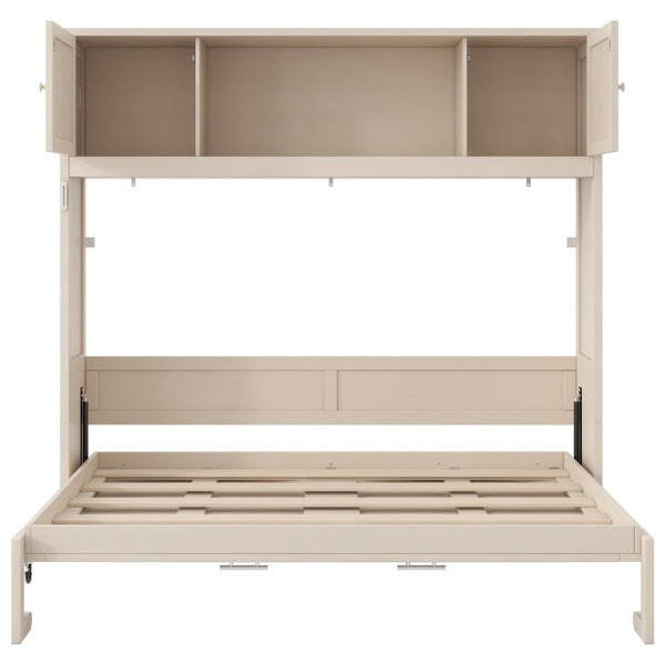 English Elm Queen Murphy Bed with Pine Frame and Upper Cabinets for Studio or Guest Room Beige N7090004029A